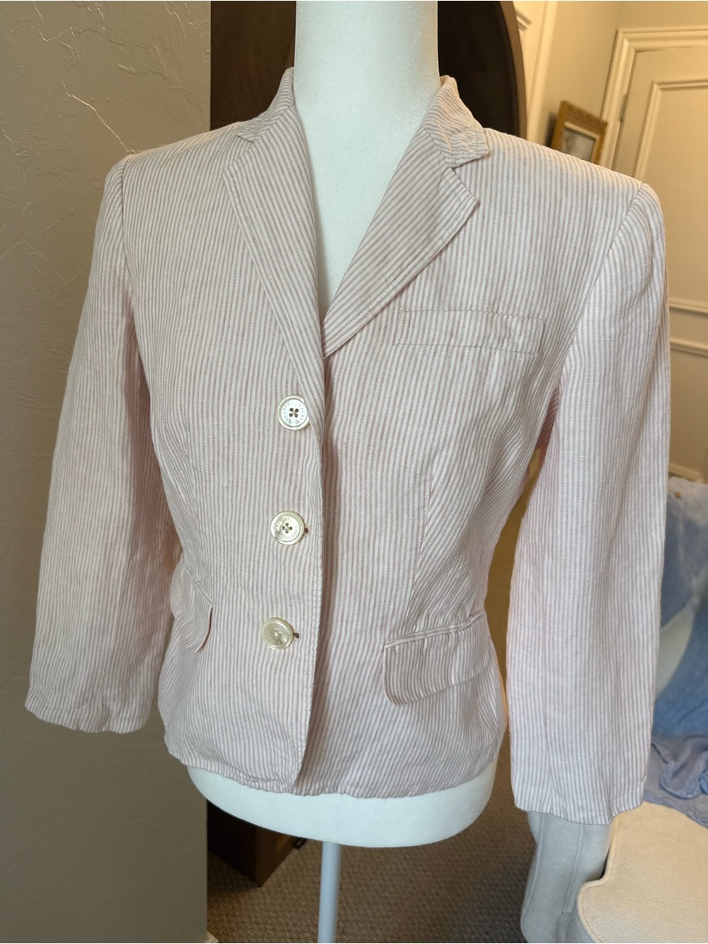 Lauren Ralph Lauren Pink Stripe 100% Linen Fitted Blazer Size 6